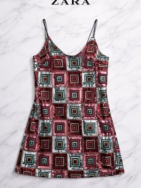 ZARA Sequin Mini Dress Multicolor Geometric Slip Dress XS Relaxed Fit Party